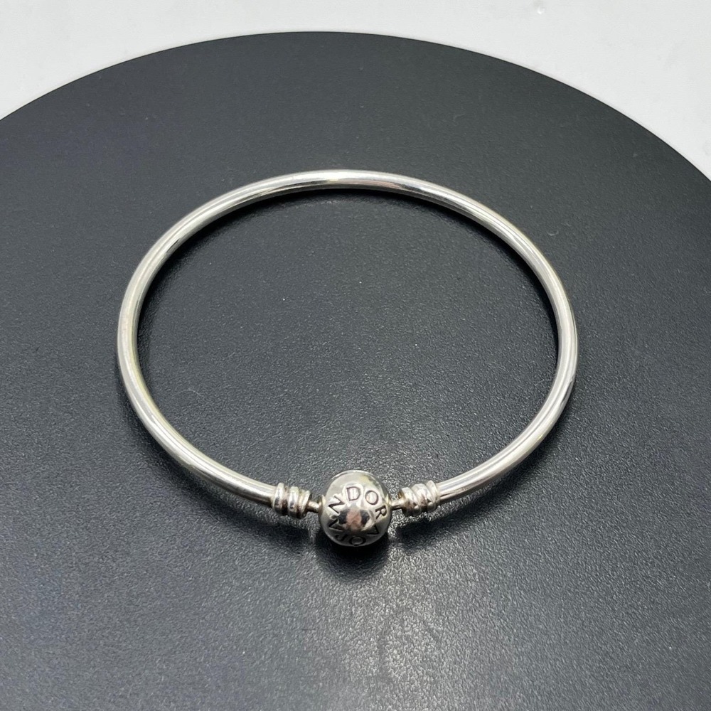 PANDORA Moments 925 Sterling Silver Signed Bangle Bracelet Ball Clasp 7.5